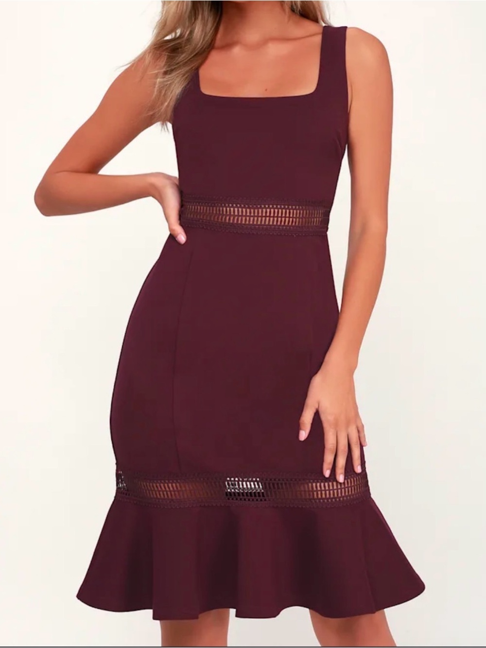 Lulu's Burgundy Square-Neck Crochet-Accent Midi Dress